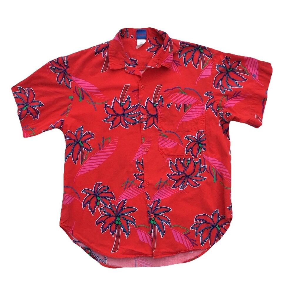 RARE VTG 80s Ocean Pacific Red Hawaiian Button Down - Made In USA - Size Large